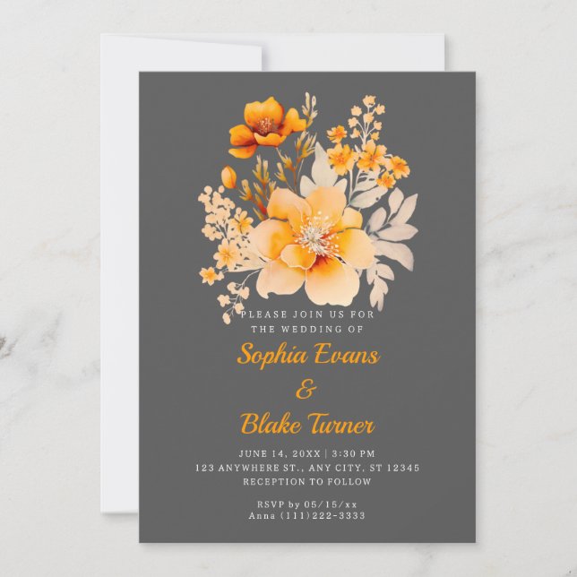 Invitation Pastel Orange Floral Bouquet Fall Grey Mariage (Devant)