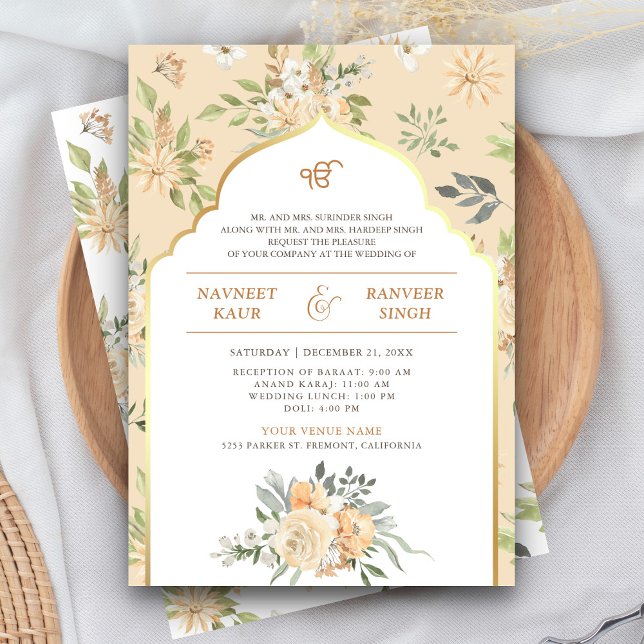 Invitation Pastel Peach Floral Anand Karaj Sikh Mariage (Créateur téléchargé)