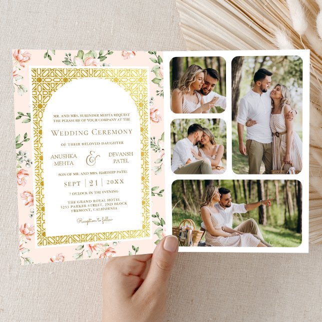 Invitation Pastel Peach Floral tout en un Mariage indien d'or (Créateur téléchargé)