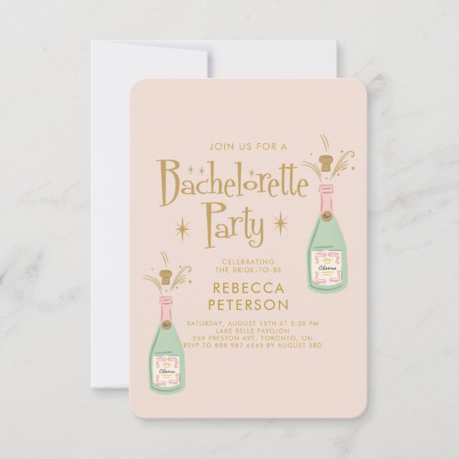 Invitation Pastel Peach Golden Champagne Bachelorte Party (Devant)