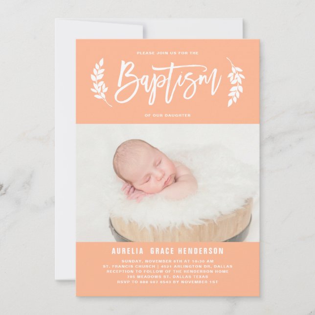 Invitation Pastel Peach Laurel Wreath Baby Photo Baptême (Devant)