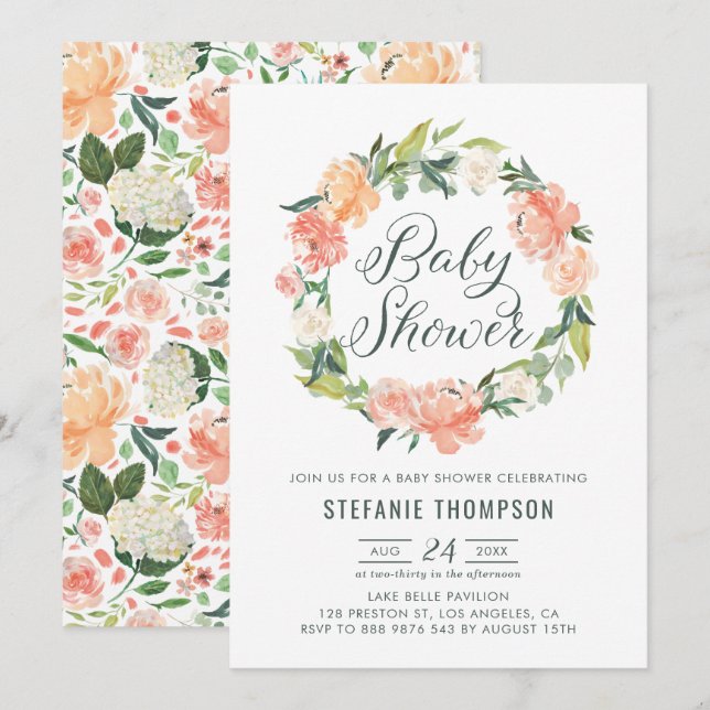 Invitation Pastel Peach Peonies Floral Wreath Baby shower (Devant / Derrière)