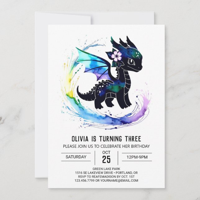 Invitation Pastel Peint Dragon Digital Girl Anniversaire (Devant)