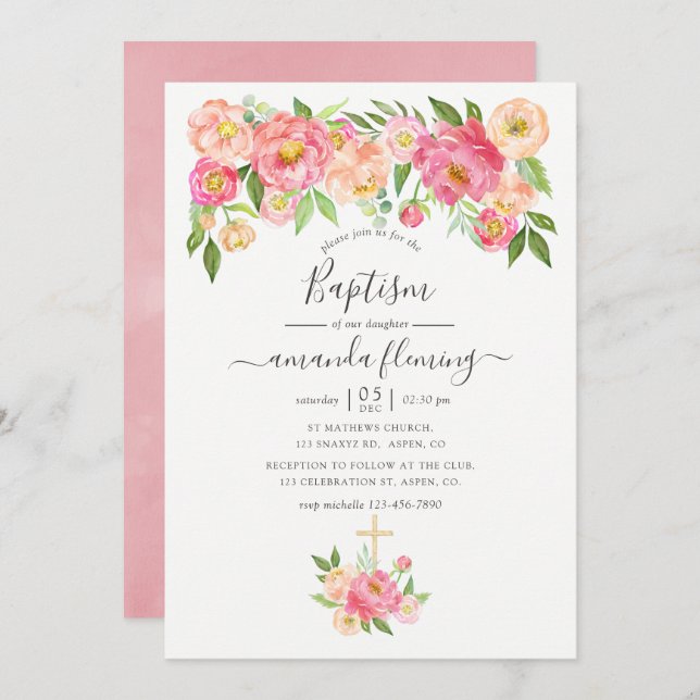 Invitation Pastel Pink Aquarelle Peonies Baptême (Devant / Derrière)