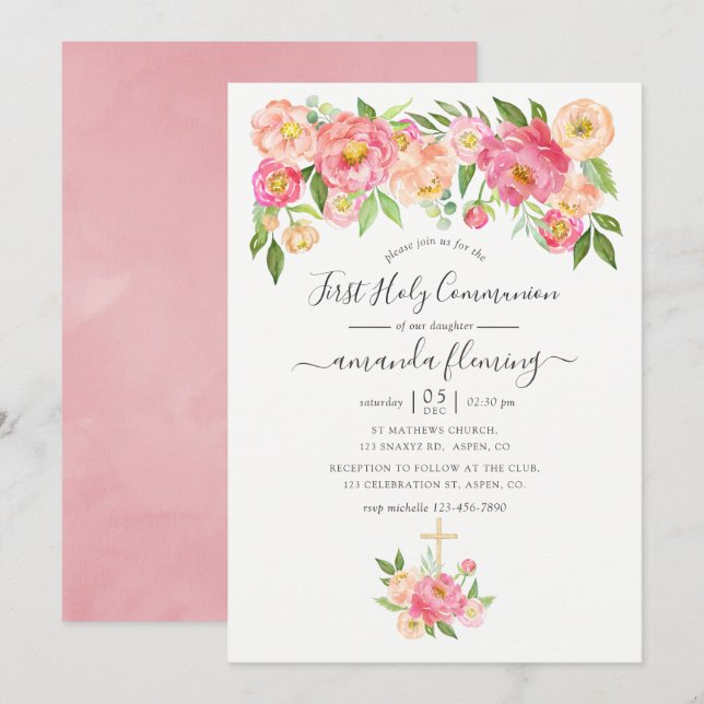 Invitation Pastel Pink Aquarelle Peonies Sainte Communion (Devant / Derrière)