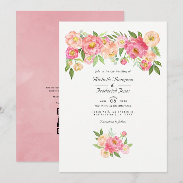 Invitation Pastel Pink Aquarelle Peony QR Code RSVP Mariage (Devant / Derrière)