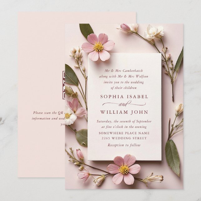 Invitation Pastel Pink Blush Boho Fleur sauvage code QR Maria (Devant / Derrière)
