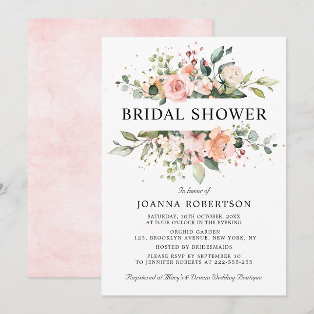 Invitation Pastel Pink Blush Rose Fête des mariées florale (Devant / Derrière)