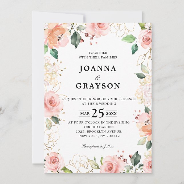 Invitation Pastel Pink Blush Rose Floral Mariage botanique (Devant)