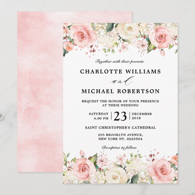 Invitation Pastel Pink Blush Rose Floral Mariage botanique (Devant / Derrière)