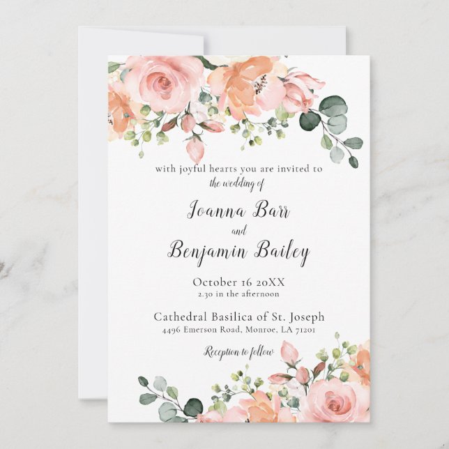 Invitation Pastel Pink Blush Rose Floral Mariage botanique (Devant)