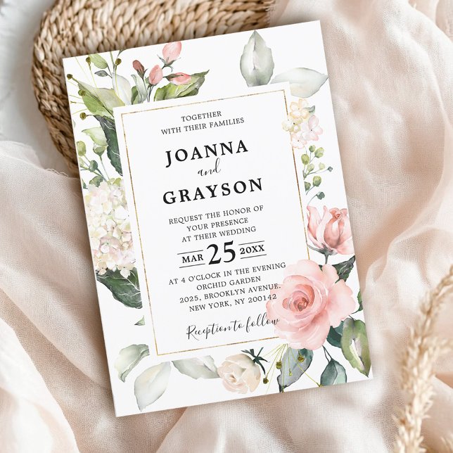 Invitation Pastel Pink Blush Rose Floral Mariage botanique (Midsummer Peach Pastel Blush Pink Floral Roses, Peonies and Hydrangea Wedding Invitation)