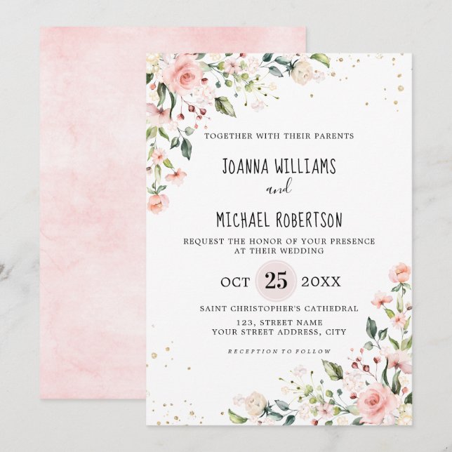 Invitation Pastel Pink Blush Rose Floral Mariage botanique (Devant / Derrière)