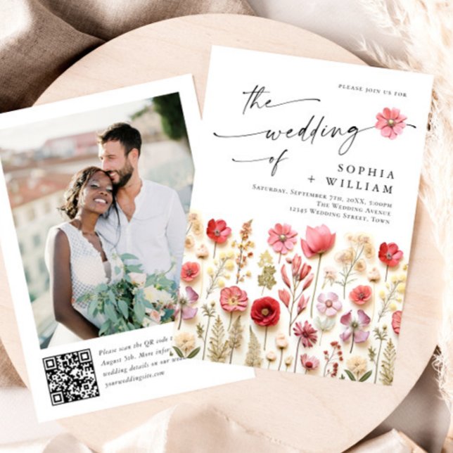 Invitation Pastel Pink Boho Fleur sauvage code QR Mariage Pho (Créateur téléchargé)