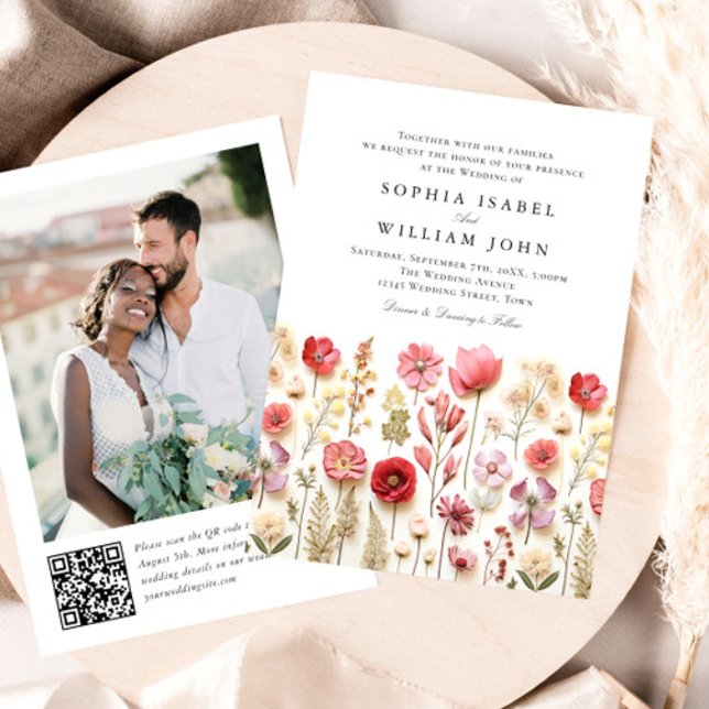 Invitation Pastel Pink Boho Fleur sauvage code QR Mariage Pho (Créateur téléchargé)