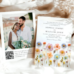 Invitation Pastel Pink Boho Fleur sauvage code QR Mariage Pho