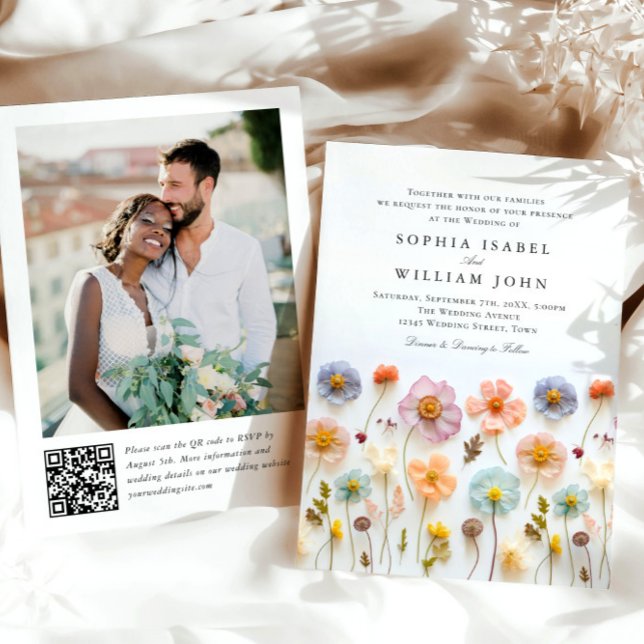 Invitation Pastel Pink Boho Fleur sauvage code QR Mariage Pho (Créateur téléchargé)