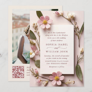 Invitation Pastel Pink Boho Fleur sauvage code QR Mariage Pho