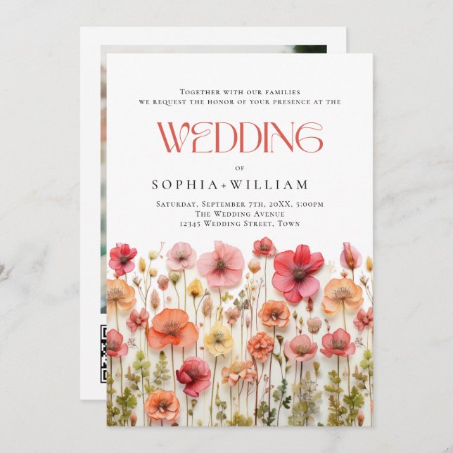 Invitation Pastel Pink Boho Fleur sauvage code QR Mariage Pho (Devant / Derrière)