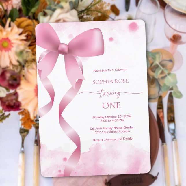 Invitation Pastel Pink Bow Baby Girl 1er anniversaire Esthéti (Pastel Pink Bow Baby Girl 1st Birthday Aesthetic Invitation)