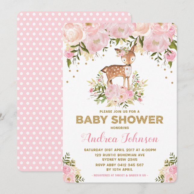 Invitation Pastel Pink Cerf Bébé Fille Douche Aquarelle Peony (Devant / Derrière)