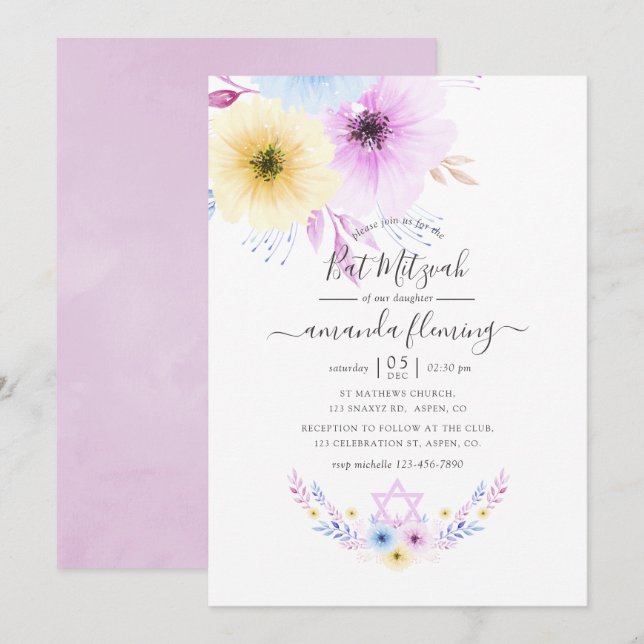 Invitation Pastel Pink et Blue Floral Bat mitzvah (Devant / Derrière)