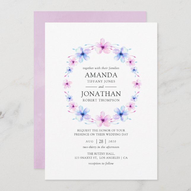 Invitation Pastel Pink et Blue Floral Mariage (Devant / Derrière)