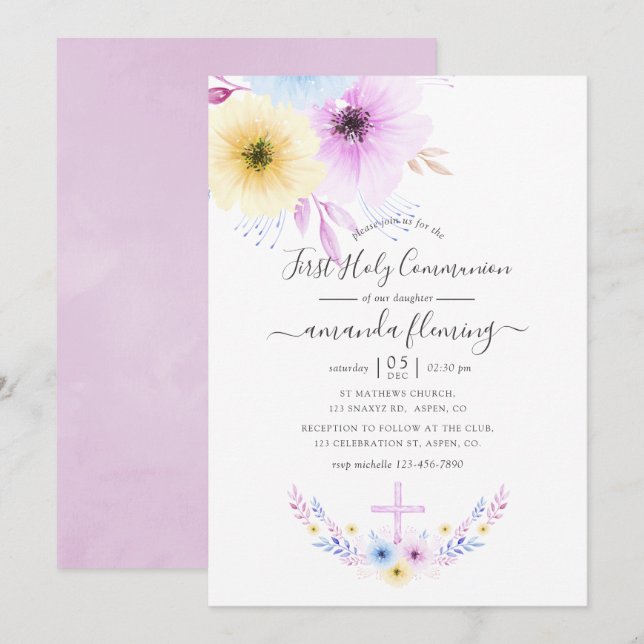 Invitation Pastel Pink et Blue Floral Première Communion Sain (Devant / Derrière)