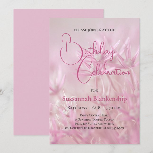 Invitation Pastel Pink Floral Arrière - plan fête d'anniversa (Devant / Derrière)