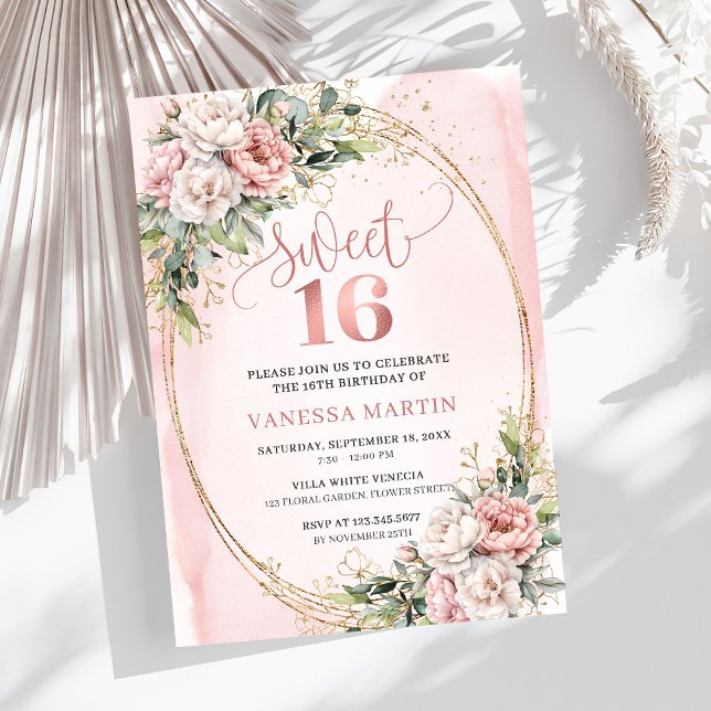 Invitation Pastel Pink Flowers Greenery 16th Birthday Invites (Pastel Pink Flowers Greenery 16th Birthday Invitation Design

)