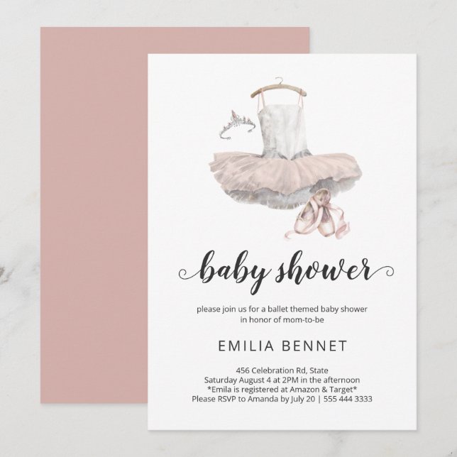 Invitation Pastel Pink Minimal Ballerina Ballet Baby shower (Devant / Derrière)