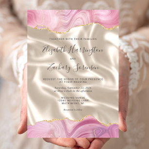 Invitation Pastel Pink Or Agate Mariage en soie ivoire
