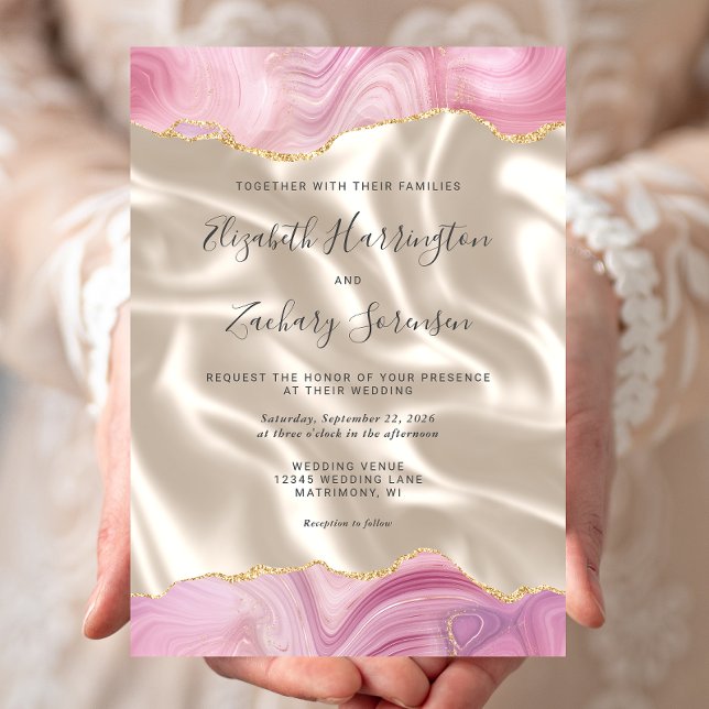 Invitation Pastel Pink Or Agate Mariage en soie ivoire (Créateur téléchargé)