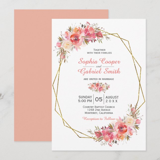 Invitation Pastel Pink Peach Rose Floral | Mariage Gold Frame (Devant / Derrière)