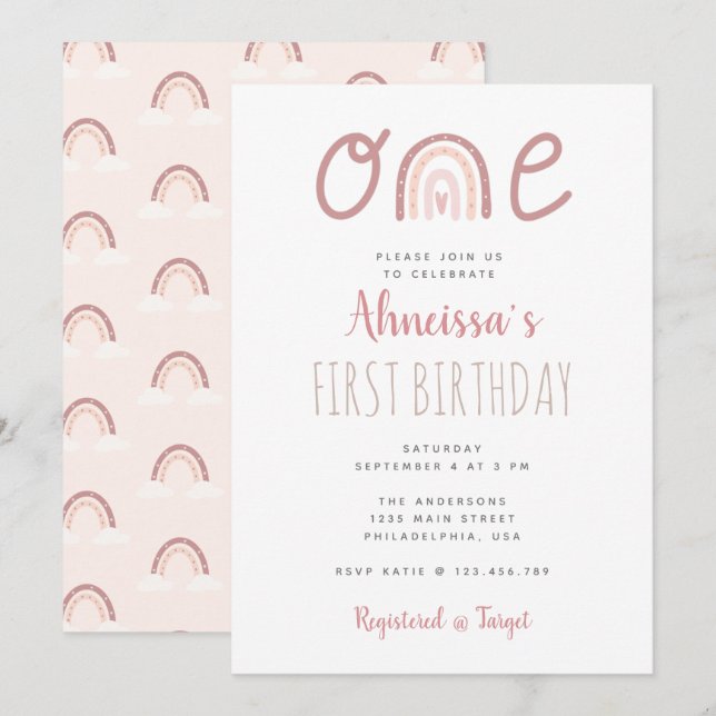 Invitation Pastel Pink Rainbow Cloud Premier anniversaire (Devant / Derrière)
