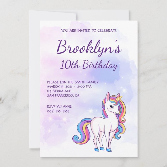 Invitation Pastel Pink Skies Magique Unicorn Fille Anniversai (Devant)
