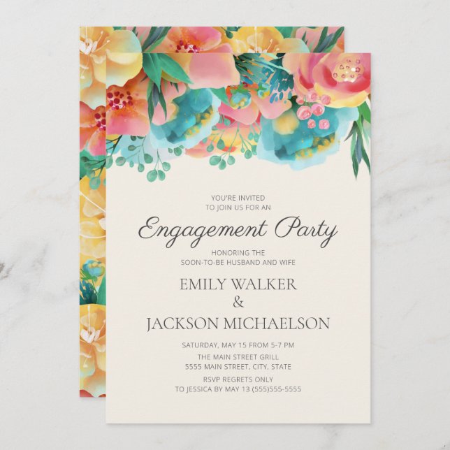 Invitation Pastel Pink Turquoise Jaune Fiançale Florale (Devant / Derrière)