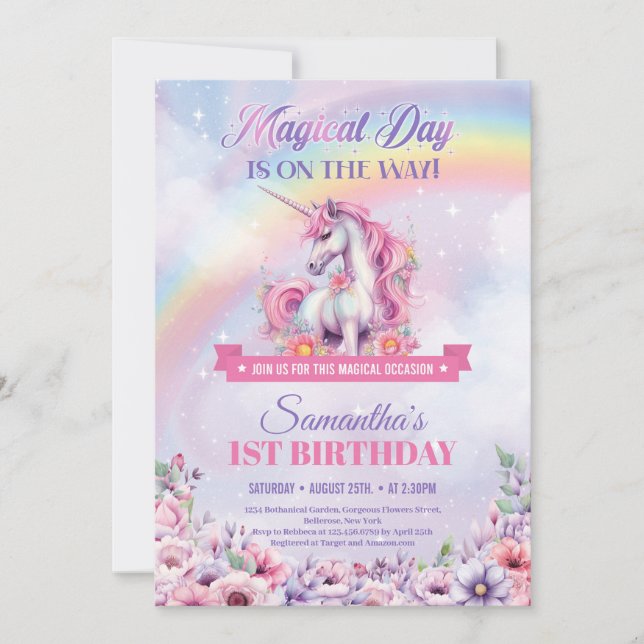 Invitation Pastel Pink Unicorn et Rainbows 1er anniversaire (Devant)