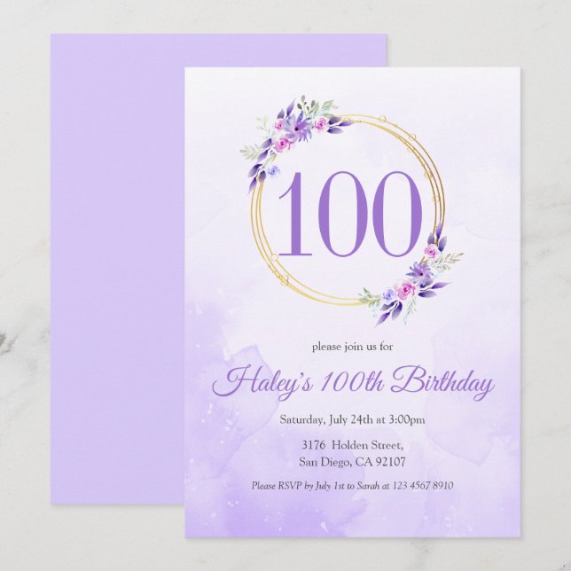 Invitation Pastel Purple Floral Golden Wreath 100e anniversai (Devant / Derrière)
