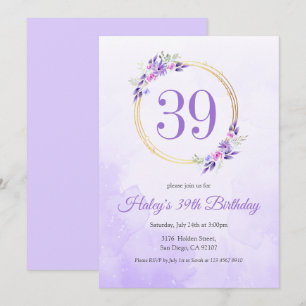 Invitation Pastel Purple Floral Golden Wreath 39e anniversair