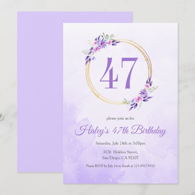 Invitation Pastel Purple Floral Golden Wreath 47e anniversair (Devant / Derrière)