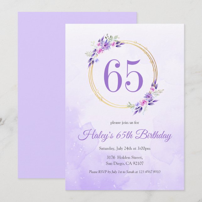 Invitation Pastel Purple Floral Golden Wreath 65e anniversair (Devant / Derrière)