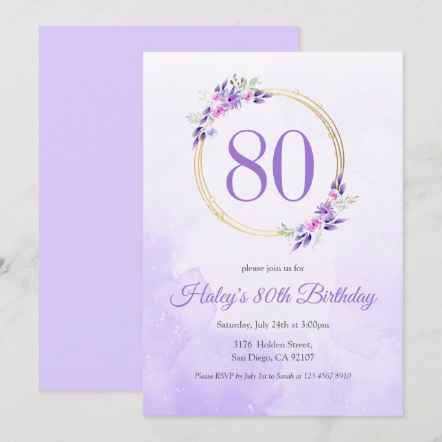 Invitation Pastel Purple Floral Golden Wreath 80e anniversair (Devant / Derrière)