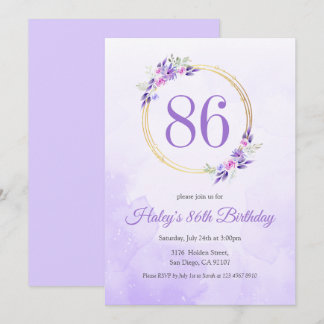 Invitation Pastel Purple Floral Golden Wreath 86e anniversair