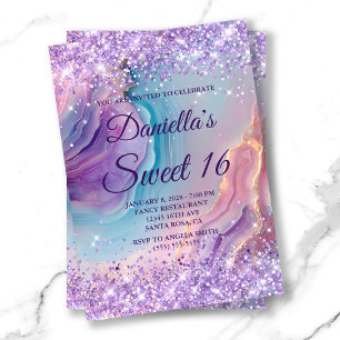 Invitation Pastel Purple Glittery Blue Rose Agate Sweet 16