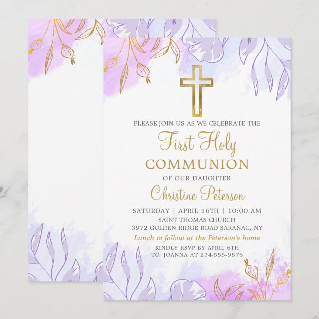 Invitation Pastel Purple Or Floral Première Sainte Communion (Devant / Derrière)
