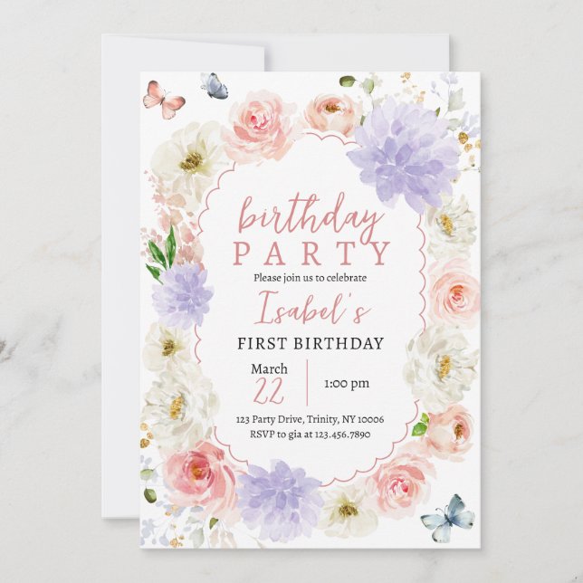 Invitation Pastel Purple Papillon rose Anniversaire (Devant)