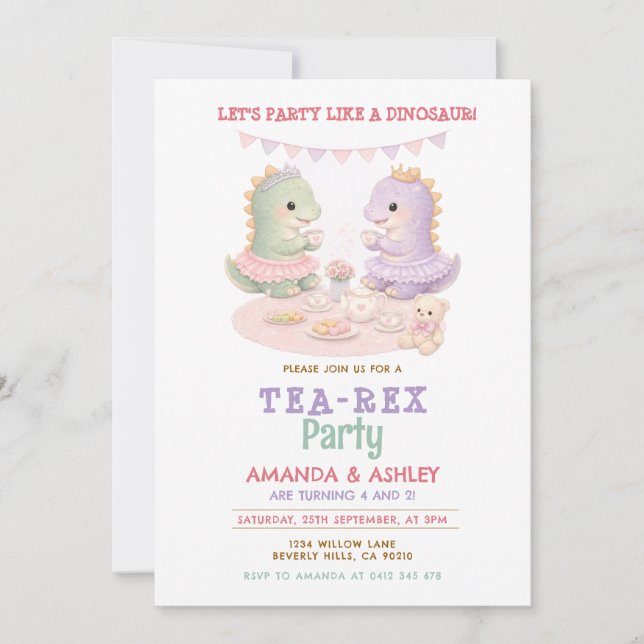 Invitation Pastel Purple Party Like A Dinosaur Joint Birthday (Devant)