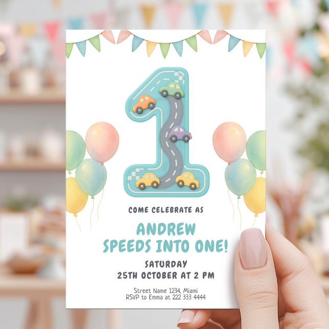 Invitation Pastel Racing First Birthday Party (Créateur téléchargé)