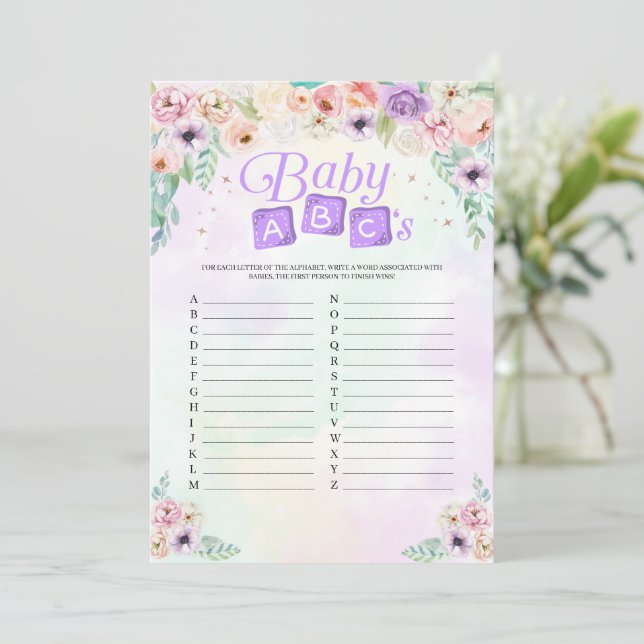 Invitation Pastel Rainbow Baby shower Baby ABC's Game Card (Debout devant)